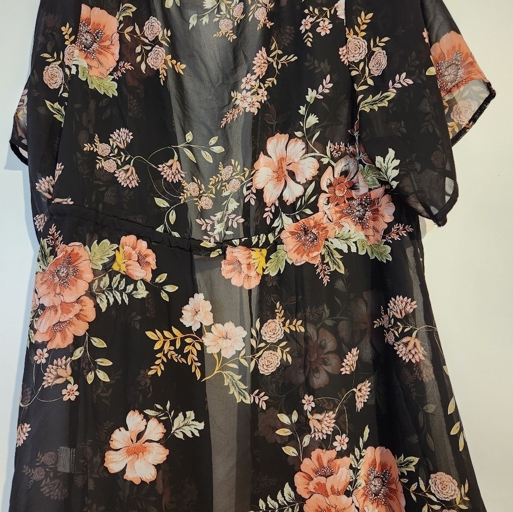 KontroL Contemporary Kimono Cover-up Black Peach Floral S Elastic Tie Waist Dark - Picture 4 of 7